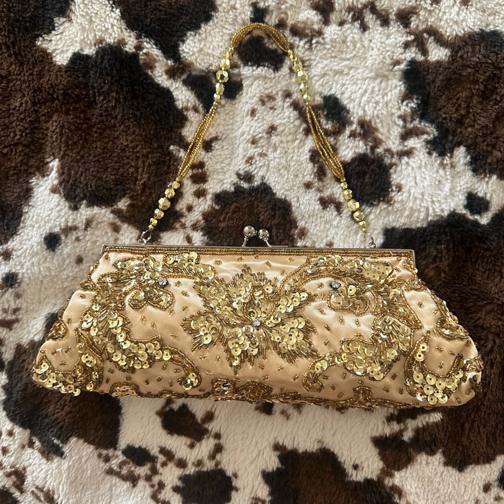 Gold Sequin Purse. Vintage-style convertible clutch.